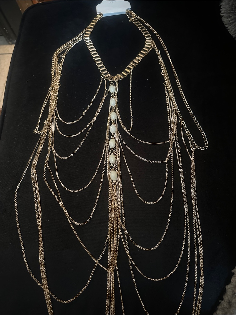 Gold Multi-Layer Statement Body Chain Necklace with Ivory Accents